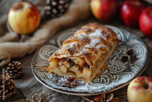 Classic Bavarian apple strudel with baked apples and raisins served on a Nordic plate