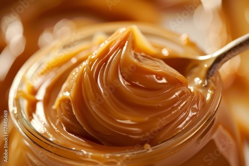 Close up of a jar filled with dulce de leche