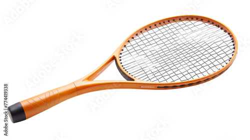Close-up view of a sleek tennis racket against a crisp white background