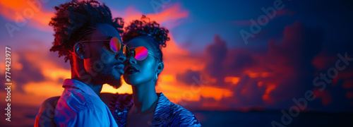 Afro American couple wearing sunglasses, Afro-Colombian reggae theme, sunset with neon lights, orange and blue. Modern lifestyle. 
