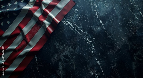 An American flag drapes elegantly over a dark marble surface, symbolizing solemnity for Memorial Day.