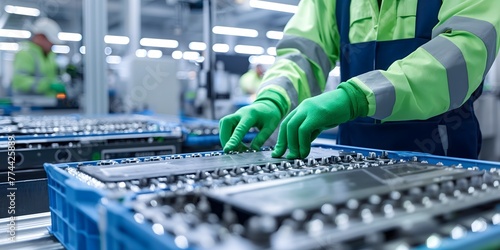 electric vehicle battery being disassembled in the style of engineers wearing green gloves and working in a factory setting