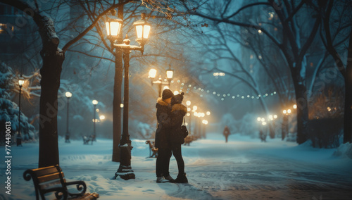 Soft street lamps glow: romantic couple embrace under snowy urban park night