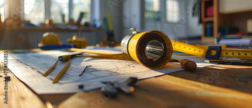 A yellow tape measure and various construction tools are arranged on top of blueprints on a table. An engineer working area with construction plans, yellow helmet, and drawing tools on blueprints.