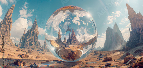 A surreal alien landscape with towering spires and strange rock formations, encapsulated within the confines of a 3D glass globe.
