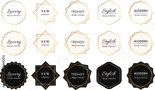 Vector collection of modern minimal golden frames. Luxury labels with copy space for text. Simple abstract minimalist badges set. Stylish linear logotype borders. Trendy geometric design elements