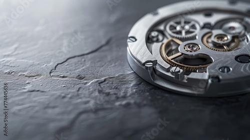 Close-up of a watch mechanism on dark stone background, showcasing intricate details and gears
