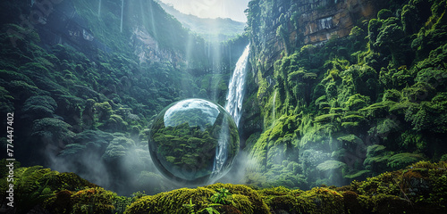 A majestic waterfall cascading down a lush mountainside, its mist veiling the surrounding landscape within a 3D glass globe.