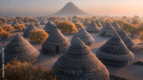 An ancient village of cone-shaped thatched houses against a backdrop of mountains. Native dwelling. Illustration for cover, card, postcard, interior design, poster, brochure or presentation.