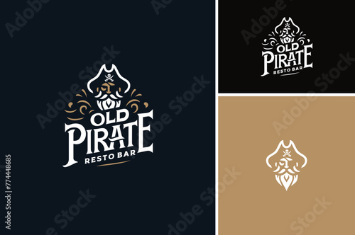 One Eye Old Pirate Face wears Tricorn Hat with crossed saber swrods and skull symbol lettering typography label logo design
