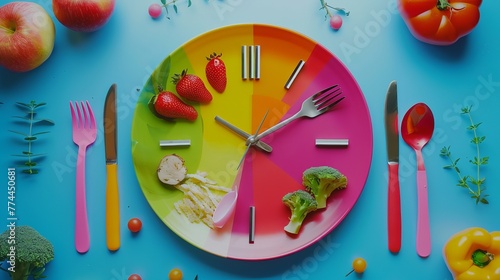 Brightly colored foods and utensils set up like a clock on a plate, showing the idea of intermittent fasting, dieting, losing weight, and meal times.