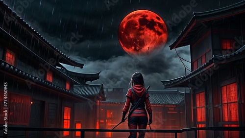 Portrait of a beautiful Asian ninja girl against the backdrop of a night city. Japan. Anime, the people of Thailand, the style of the devil in red clothes.