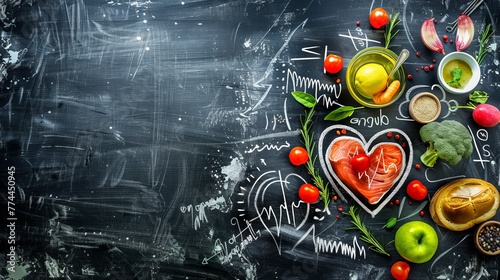 Heart-shaped healthy foods with a heart rate drawing on a chalkboard, showing a health idea.