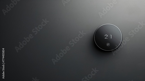 A modern, smart thermostat set to 21 degrees on a dark wall