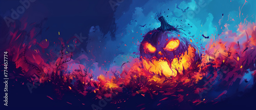 halloween monster in style of beautiful grotesque, pumpkin monster, glowing lights, autumn colors