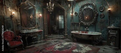 Victorian Dressing Room in a Haunted Mansion with Antique Mirrors and Ghostly Apparitions