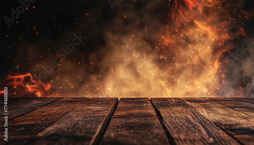 Wooden table with fire burning. wooden table with Fire burning at the edge of the table, fire particles, sparks, and smoke in the air, with fire flames on a dark background to display products