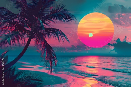 summer beach poster retrowave or synthwave neon colors, retro style