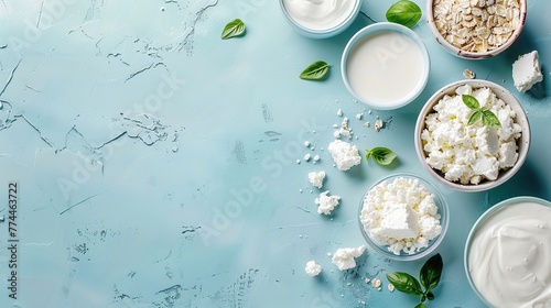 Top and flat view of dairy products on concrete blue background with copy space, healthy food.