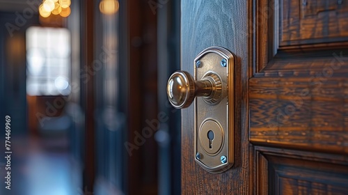 Close-up doorknob of wooden door. Premium door lock security company background.