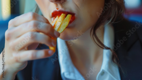 Zeitdruck-Gourmet: Eine Geschäftsfrau im Business-Outfit isst hastig eine Portion Pommes Frites.