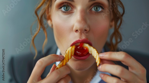 Stress-Snacking: Eine geschäftige Berufstätige stillt ihren Heißhunger mit Pommes Frites.