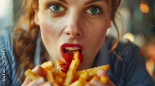 Schneller Snack im Arbeitsstress: Eine junge Geschäftsfrau isst angewiedert schnell Ihre Pommes während einer kurzen Pause.