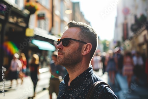 young handsome hipster man in the city street, lifestyle people concept