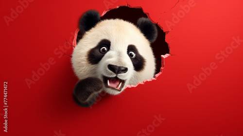 Erschreckter Pandablick: Ein Pandabär schaut mit großen eschreckten Augen und seiner Tatze am Mund, durch ein Loch in einer roten Wand.