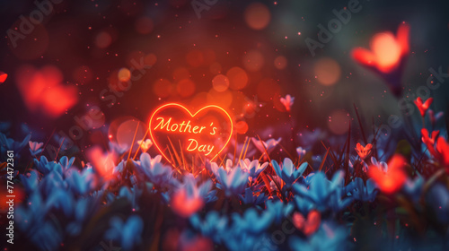 Muttertagszauber: Neonherz mit der Aufschrift „Mother’s Day“ umgeben von blühenden Blumen im magischen Abendlicht.