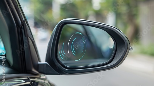 A blind zone monitoring sensor on a car's side mirror is detailed, illustrating the technology for detecting objects in the vehicle's blind spots