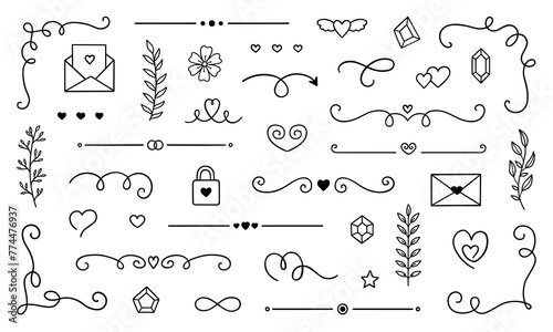 Decorative elements doodle set. Dividers, swirls, text separators. Divider ornament, corner borders, lines. Hand drawn vector illustration isolated on white background