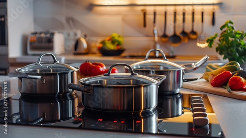 A collection of aluminum pots and pans on a kitchen countertop.