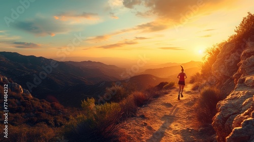 A solitary runner takes on a mountain trail at sunset, embodying the spirit of endurance and the pursuit of personal fitness goals. AIG41