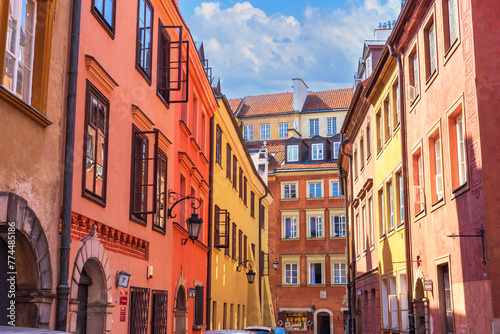 Cityscape - view of narrow streets with colorful old houses in the Old Town of Warsaw, Poland