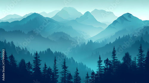 Misty mountain landscape with fir forest in vintage retro style