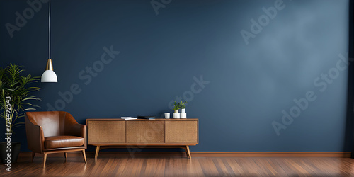 Living room with leather armchair on empty dark blue wall background 