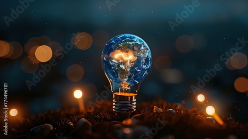 Earth hour, ecology and environment concept. Blue planet Earth in space in a glowing light bulb on represents Earth Day in a romantic way.