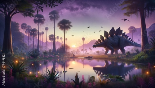 Twilight with stegosaurus by prehistoric watering hole 