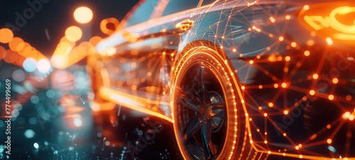 White car made of an abstract polygon network - warm orange blurred glowing network in the background