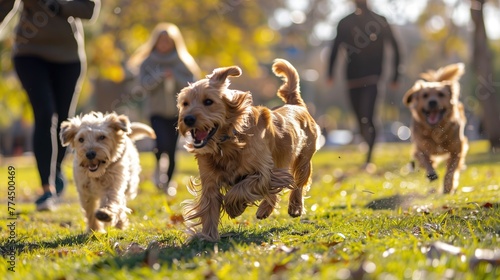 Energetic Dogs Enjoying a Playful Run in a Sunny Park During Autumn