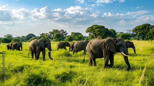Majestic Herd of Elephants Roaming the Serene Grasslands of Tarangire National Park