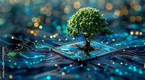 Eco friendly technology concept with tree growing on blue digital circuit board 