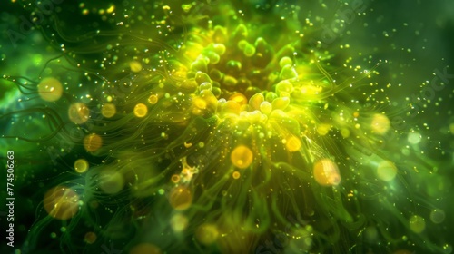 An otherworldly image of a fluorescent green algae emitting a soft glow and surrounded by a halo of golden pigments.