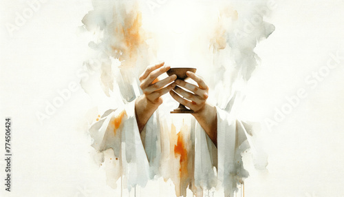 Eucharist. Corpus Christi. Hands holding the sacred chalice on watercolor background. Digital illustration. 
