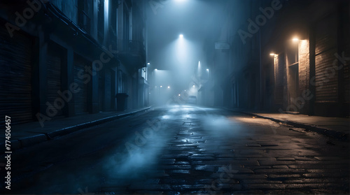 A desolate urban street shrouded in fog and illuminated by overhead streetlights, evoking a sense of mystery, suspense, and the unknown in a modern urban setting with cinematic quality