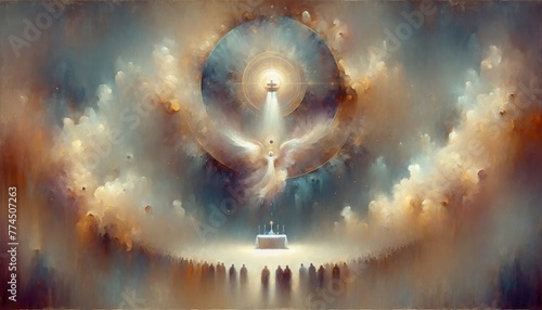 Eucharist. Table symbolizing Lord's supper with angel in the sky. Digital painting.