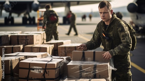 Supply of weapons. Unloading boxes of ammunition at a military airport. Ai design 