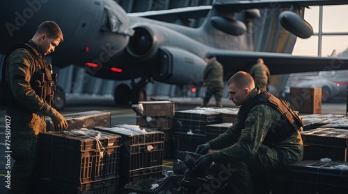 Supply of weapons. Unloading boxes of ammunition at a military airport. Ai design 