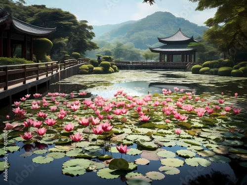 A large pond with pink lotus flowers blooming in the center, where there is an ancient pavilion and wooden bridge on one side